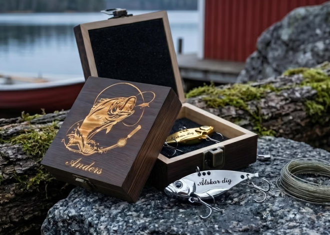 Maxa fiskelyckan med en personlig 2-delad metall bionisk fiskedrag trälåda set med graverad text