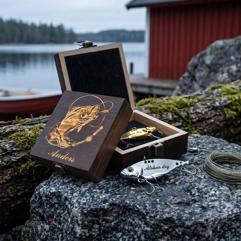 Maxa fiskelyckan med en personlig 2-delad metall bionisk fiskedrag trälåda set med graverad text