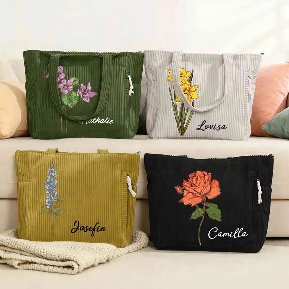 Bär dina vardagssaker med stil i en personlig tote bag i manchester med månadsblomma och namn