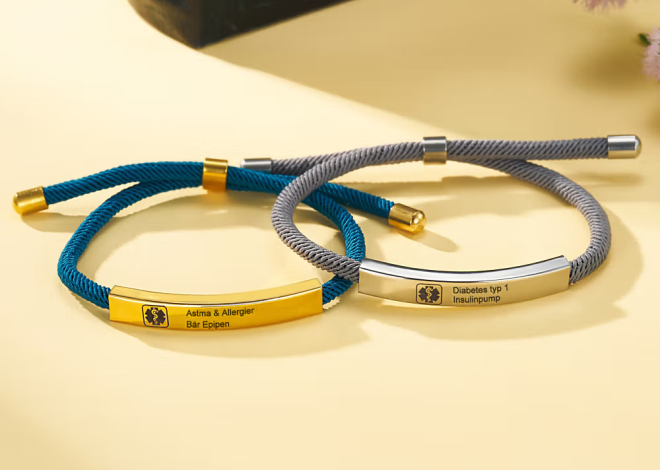 Öka tryggheten i vardagen med ett personligt medicinskt armband med graverad text och flätat rep