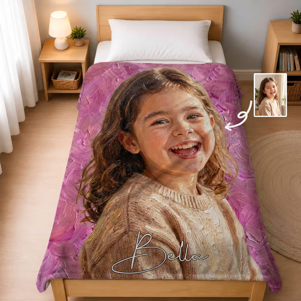 Förvandla dina käraste minnen till levande konst med en personlig mjuk filt med namn och foto i oljemålningsstil