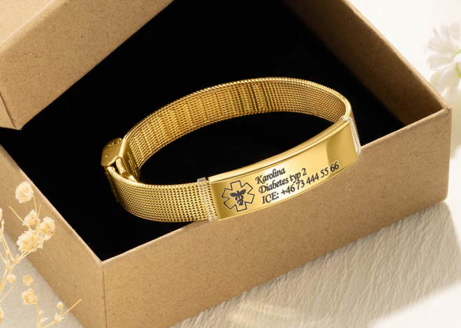 Skydda din vardag och dina nära med ett personligt medicinskt armband i rostfritt stål med justerbart nätband och graverad bricka