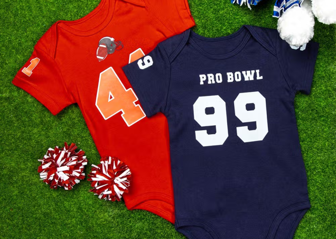 Klä familjens nykomling i matchkläder med en personlig sporttröja med fotbollsdesign och namn till baby