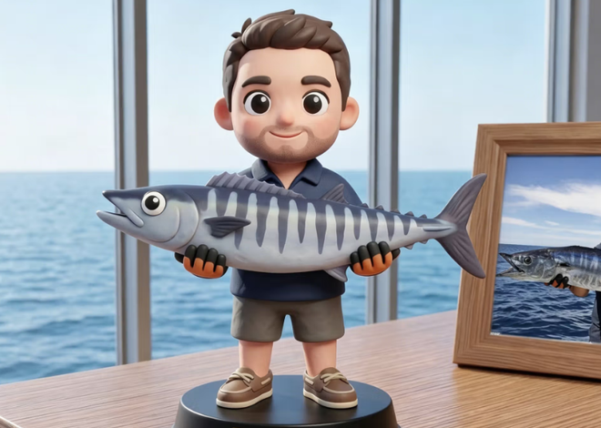 Föreviga fiskeäventyren på skrivbordet med en personlig 3D fiskarstaty med eget foto och text