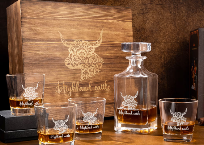 Förgyll hemmabaren med en personlig highland cow whiskeykaraff med trälåda